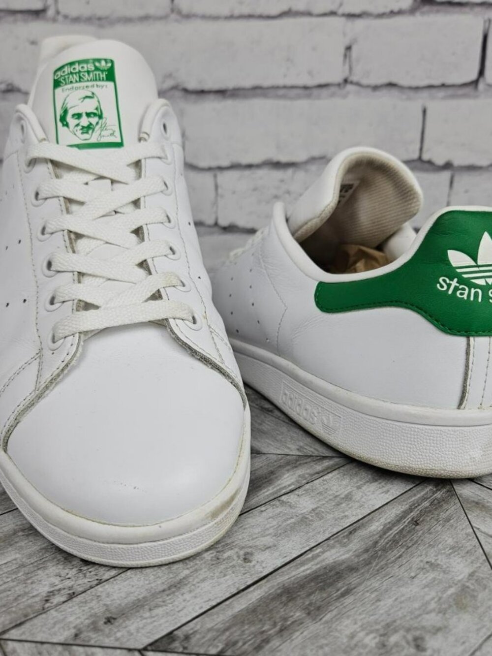 Adidas Mens 12 Stan Smith Classic White Green Leather Sneakers Shoes Preowned